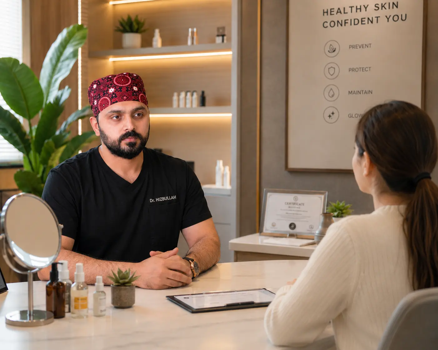 Dr Hizbullah providing personalized skincare consultation