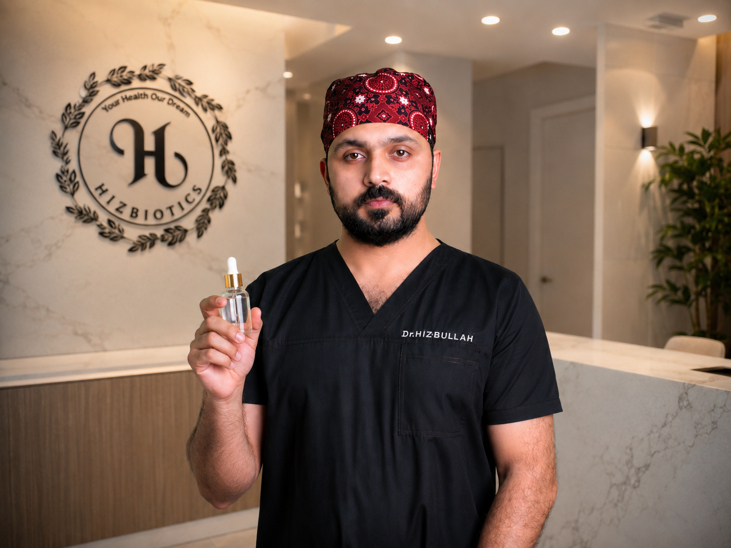 Dr Hizbullah holding a personalized skincare serum at Hizbiotics