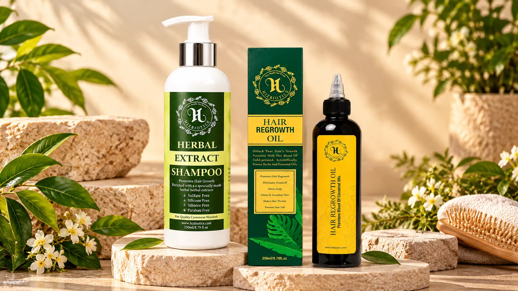 Hizbiotics Herbal Extract Shampoo and Hair Regrowth Oil together
