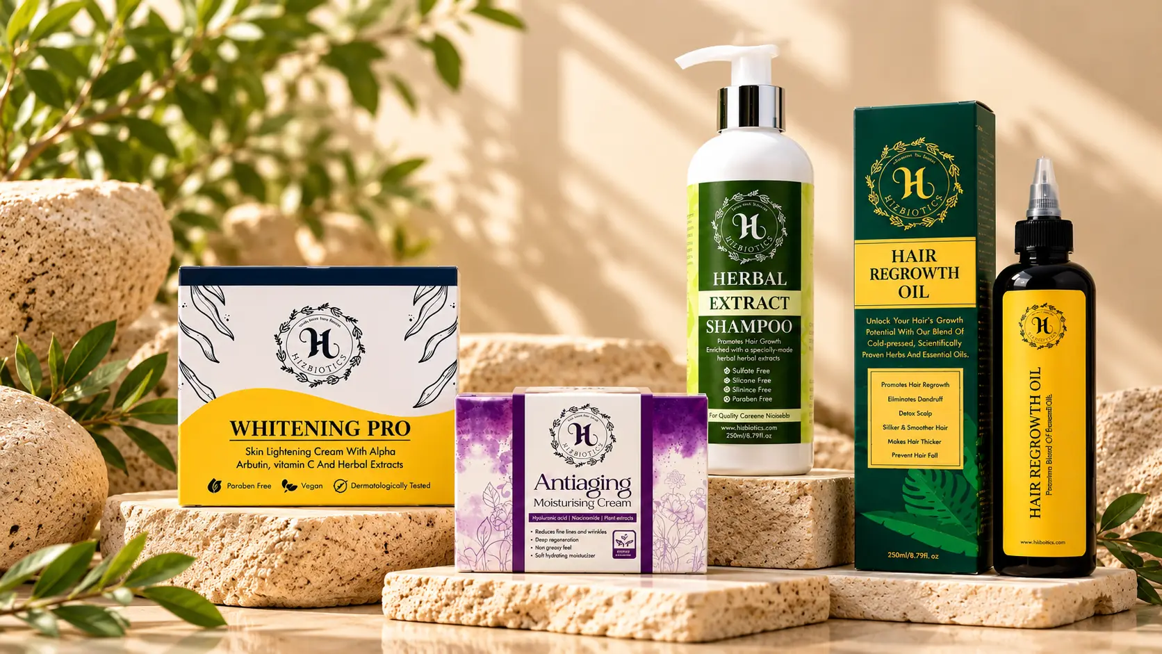 Hizbiotics signature skincare and hair care collection: Whitening Pro Cream, Anti-Aging Moisturizing Cream, Herbal Extract Shampoo and Hair Regrowth Oil