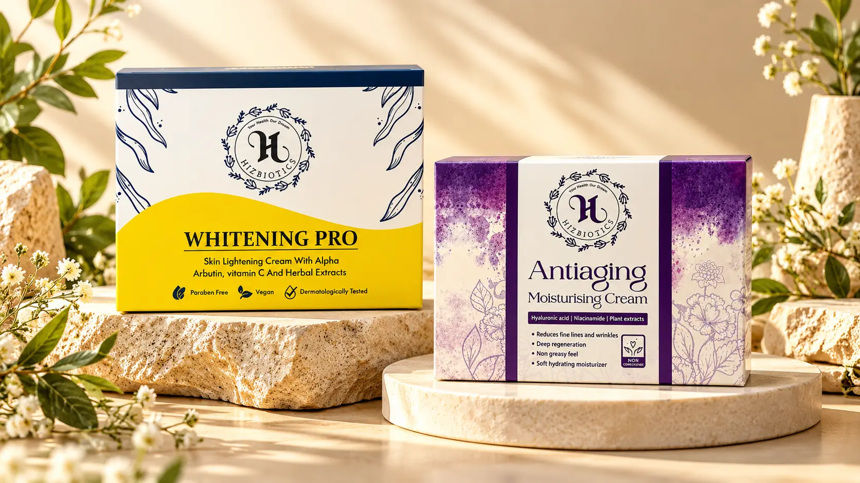 Hizbiotics Whitening Pro Cream and Anti-Aging Moisturizing Cream together